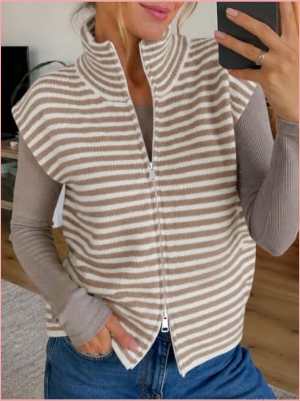 Womens Striped Zip Up Cardigan Mock Neck Cap Sleeve Sweater Vest Knit Top - Picture 5 of 6